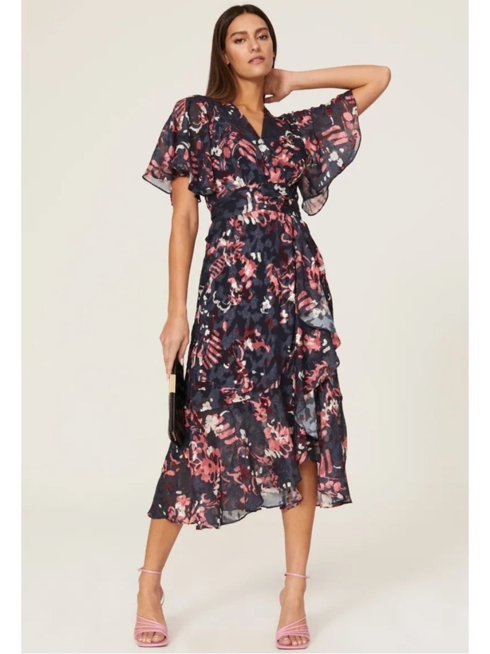 Tanya Taylor Blaire Faux Wrap Floral Ruffle Midi Dress Navy Blue Pink Size 8